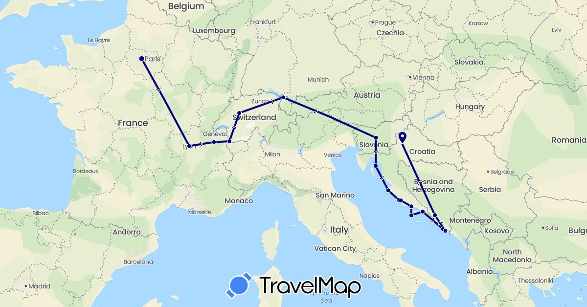 TravelMap itinerary: driving in Austria, Bosnia and Herzegovina, Switzerland, France, Croatia, Slovenia (Europe)